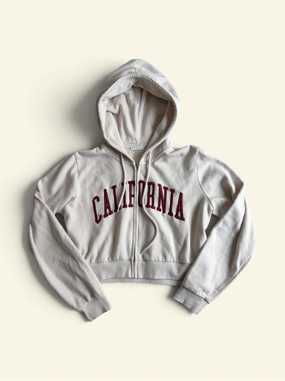 Reflex Cropped Zip Up Hoodie Cream California Embroidered Flaw Large Boho Surfer